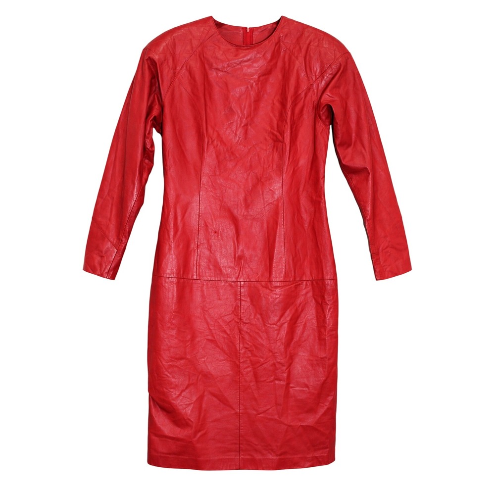 Vintage Ambria Red Leather Midi Dress Size 8 1980s Power Shoulder Dolman Sleeve